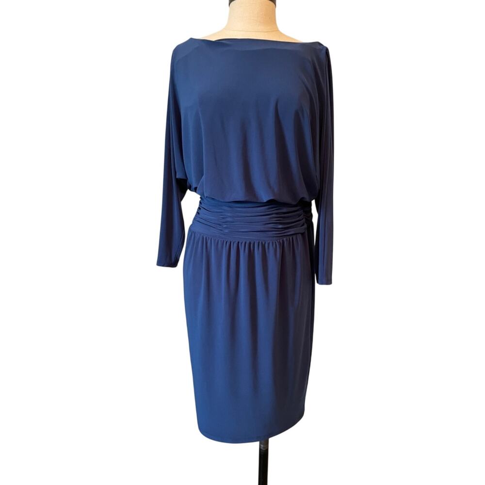Evan Picone Navy Boatneck Ruched Waist Long Sleeve Dress Size 4